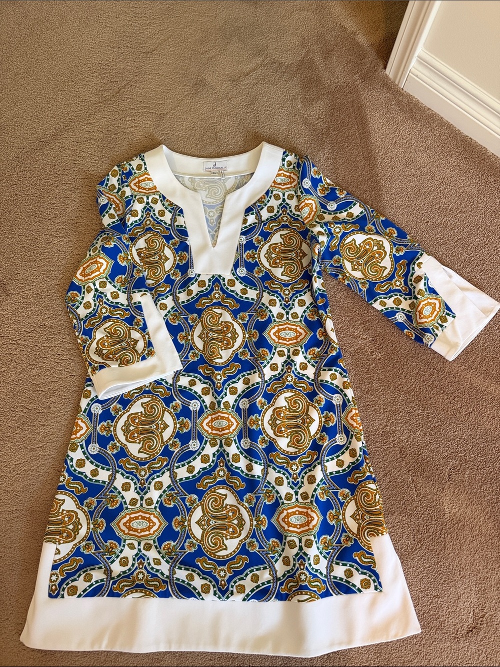 Jude Connally Blue, Gold and White Medallion Shift Dress